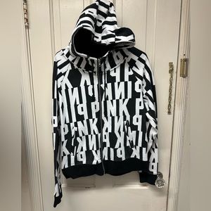 Victoria Secret PINK All Over Logo Zip-up Hoodie Black/White Sz L